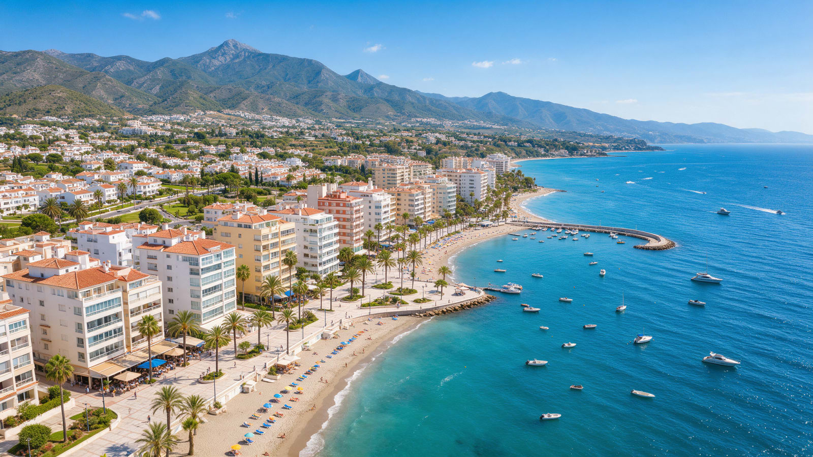 Widok z lotu ptaka na wybrzeże Costa del Sol z nowymi budynkami i promenadą nad morzem