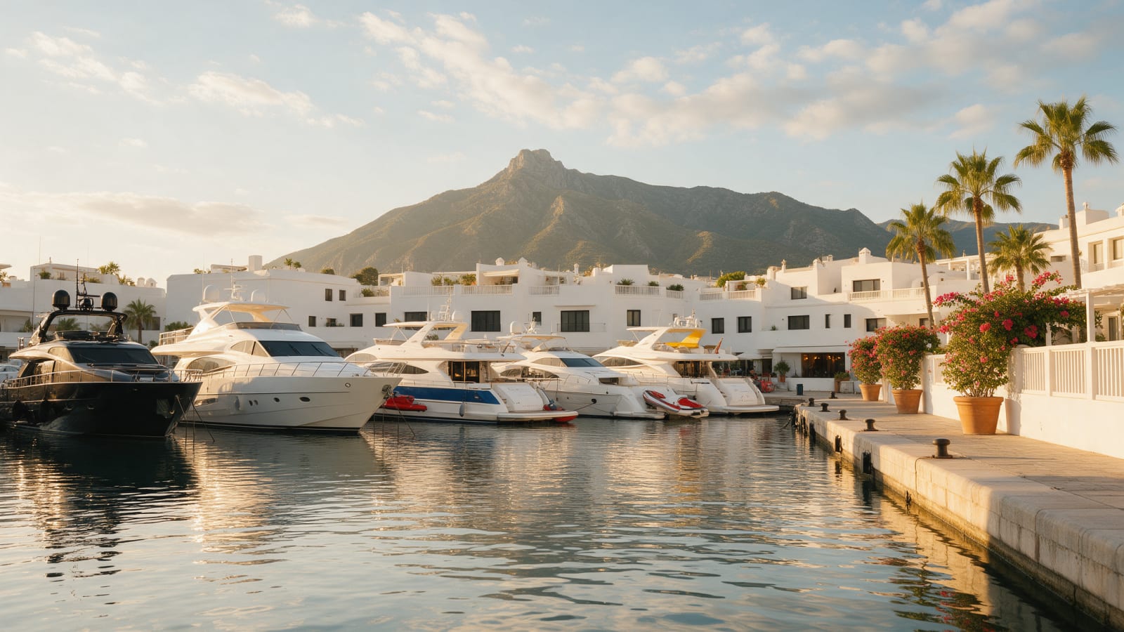 Marina Puerto Banús w Marbelli z jachtami i górą La Concha w tle