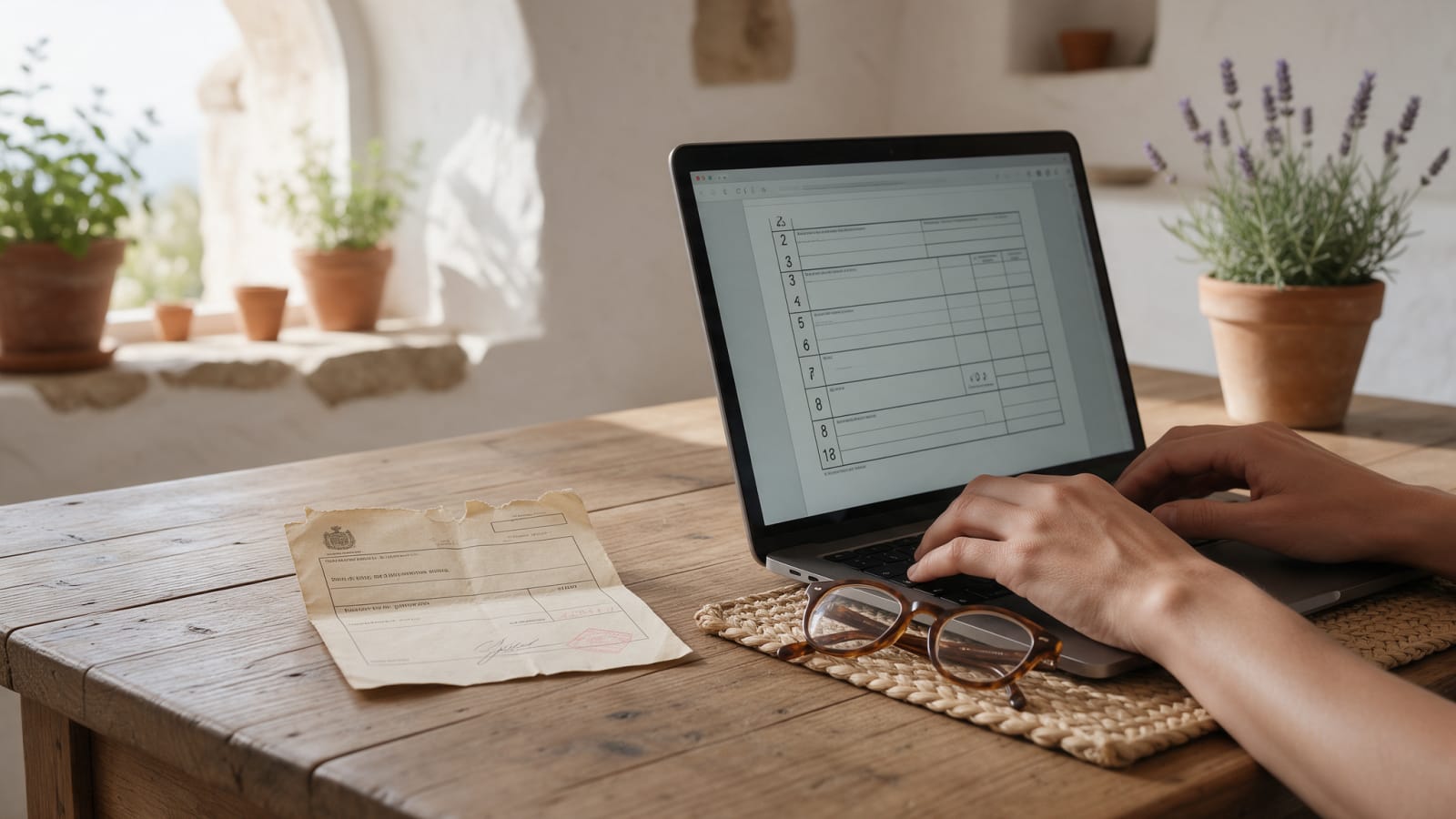 Wypełnianie deklaracji podatkowej na laptopie z rachunkiem IBI i okularami na biurku