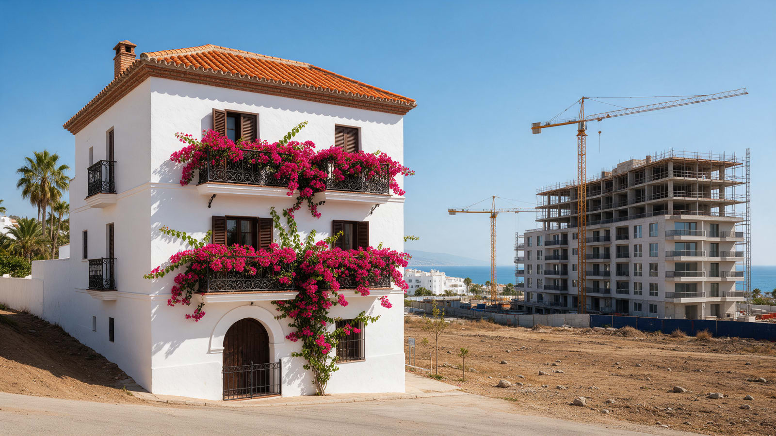 Nowa inwestycja w budowie obok starszego białego budynku mieszkalnego na Costa del Sol