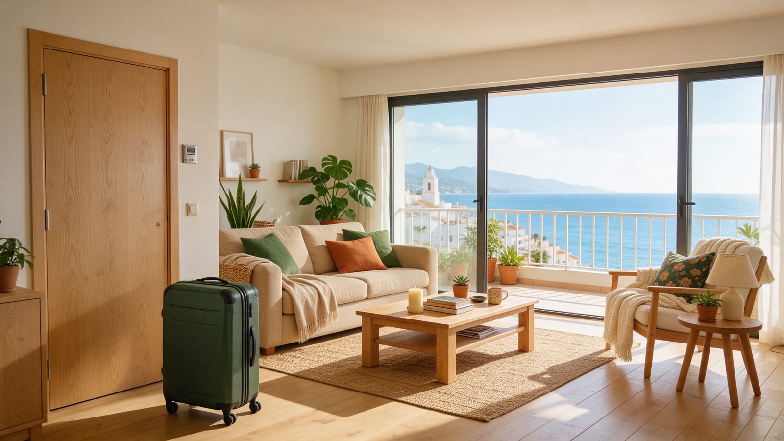 Salon apartamentu na Costa del Sol z walizką przy drzwiach i widokiem na morze z balkonu