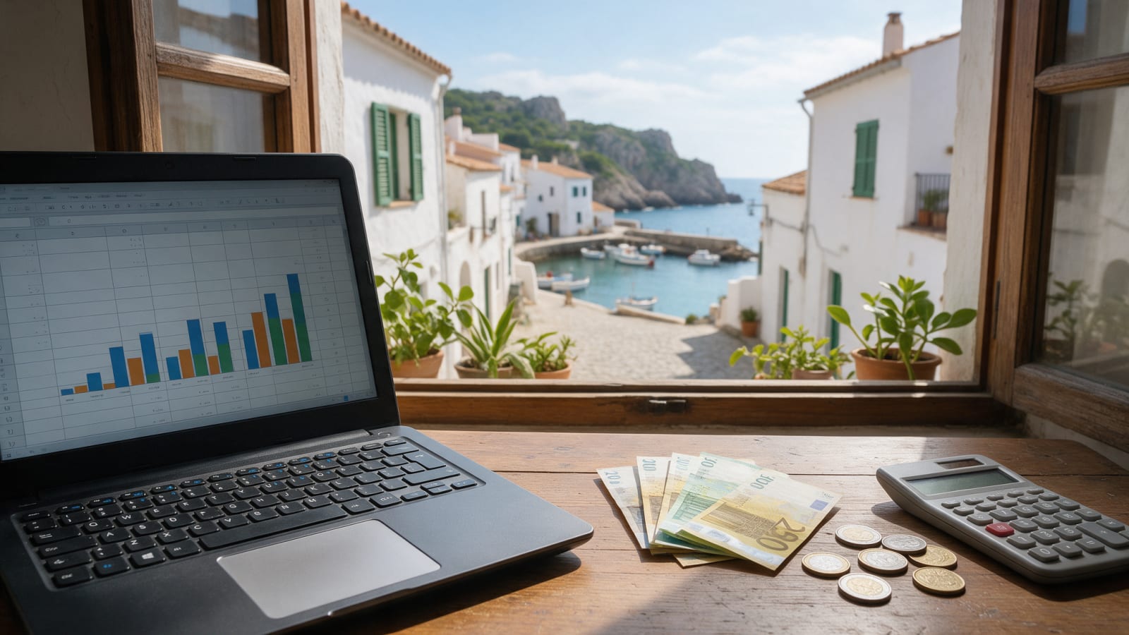 Laptop, kalkulator, banknoty euro i złotówki na biurku podczas rozliczania najmu z Hiszpanii