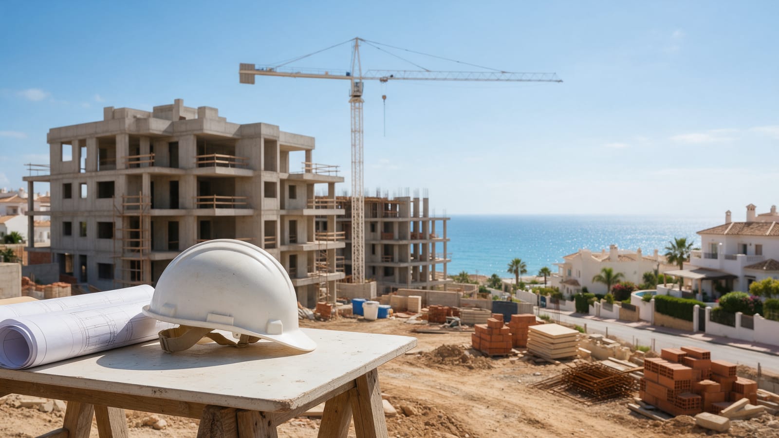 Budowa apartamentowca na Costa del Sol z dźwigiem i planami architektonicznymi na pierwszym planie
