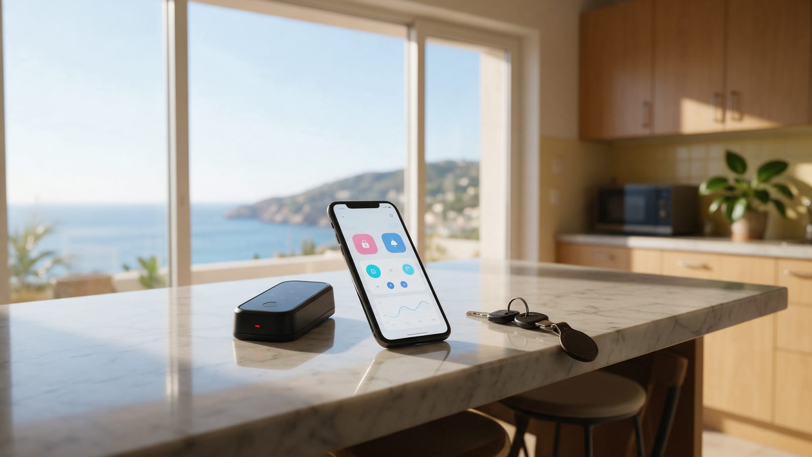Smartfon z aplikacją do zdalnej kontroli mieszkania, klucze i zamek szyfrowy w apartamencie w Hiszpanii